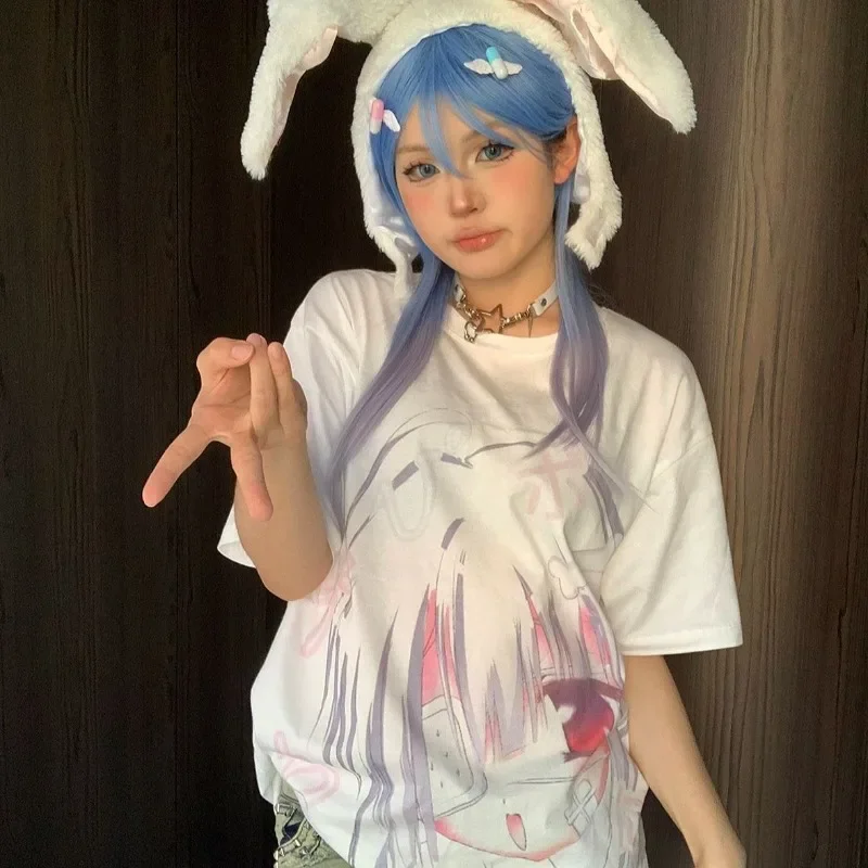 Kimutomo T Shirts Women Harajuku Cartoon Printed Loose Short Sleeve Gothic Summer Fashion Tops Y2k Sweet Female Tshirt Casual 2
