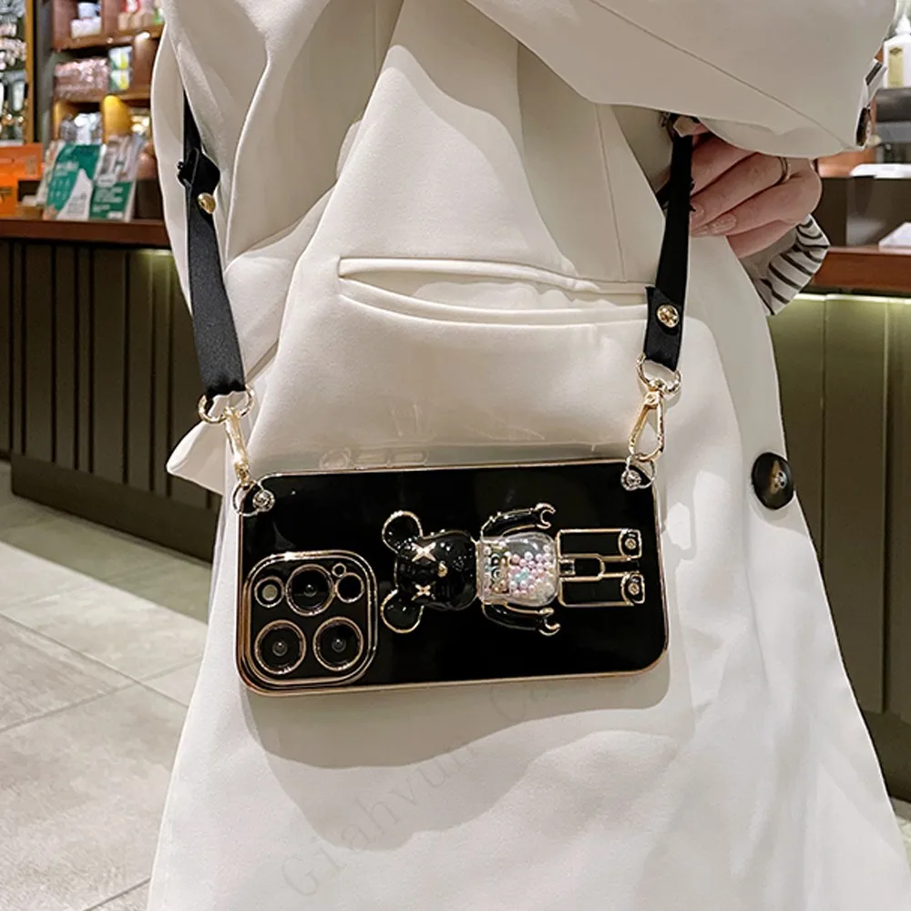 3D Sabbie Mobili Orso Titolare Del Braccialetto Della Cinghia Cordino Cassa Del Telefono Per Il iphone 15 14 12 Pro Max MiNi 11 13 XS XR 7 8 Più Placcatura_voghion.com