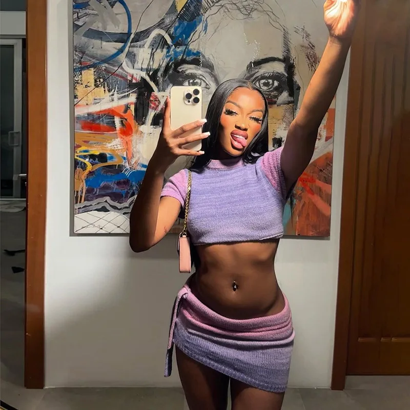 Gradient Knit 2 Piece Set Women 2024 Summer New Fashion Purple Short Sleeve Crop Tops Shirring High Waist Mini Skirt Streetwear
