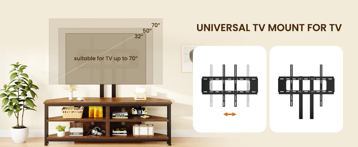 TV stand with wooden shelves and a mounted TV above. Diagram shows universal TV mount suitable for TVs up to 70 inches, with fixed and tilt options illustrated.