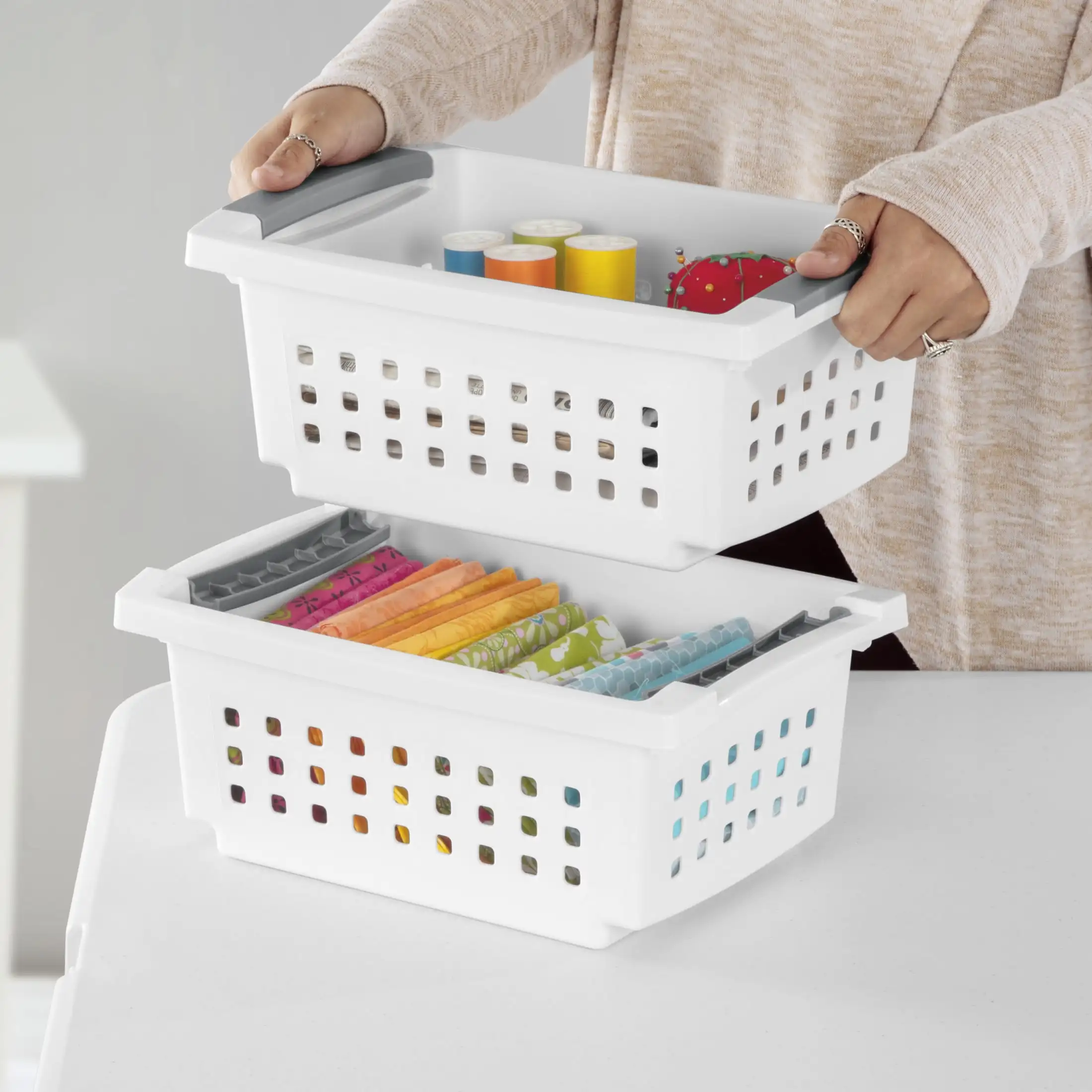 Small Stacking Basket, Open Plastic Bin, Space Saving Organizers, White 3