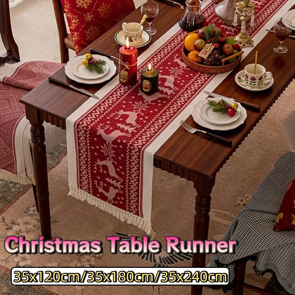 Rectangle Christmas Table Runner Red Christmas Tree Printed Table Cover Thickened with Tassels Elks Tablecloth Coffee Table