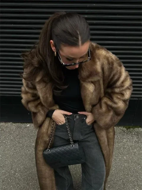 Fashion Mixed Color Lapel Collar Woman Long Coat Elegant Full Sleeve Loose Overcoat New Winter Lady High Street Faux Fur Jacket 6
