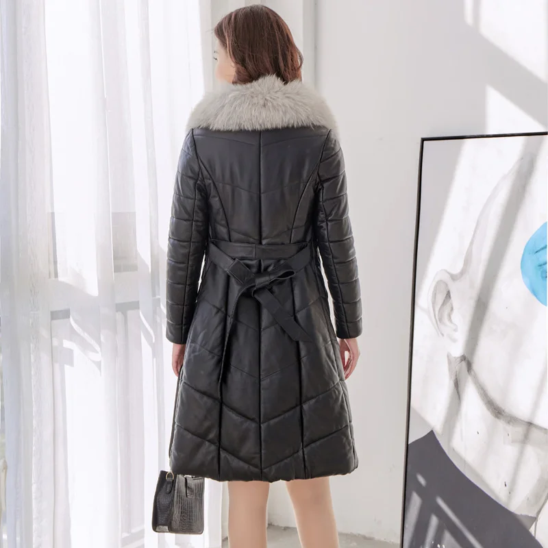 

Jacket Leather Black Women Long Fashion High Street Sheepskin Fox Fur Collar Coat Genuine Leather Jacket Women's Down Jacket Zm