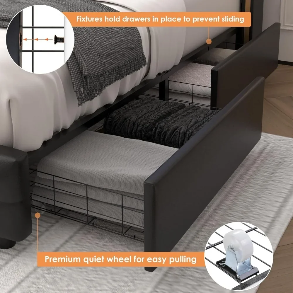 King Smart LED Platform Bed Frame with 4 Storage Drawers Crystal Button-Tufted & Stainless Gold Trim Wingback Headboard
