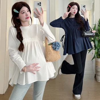 Home 16 Korean Style Spring Plus Size Maternity Shirts Long Sleeve Ruffles Patchwork Fashion Pregnant Woman Top Loose Pregnancy Blouses