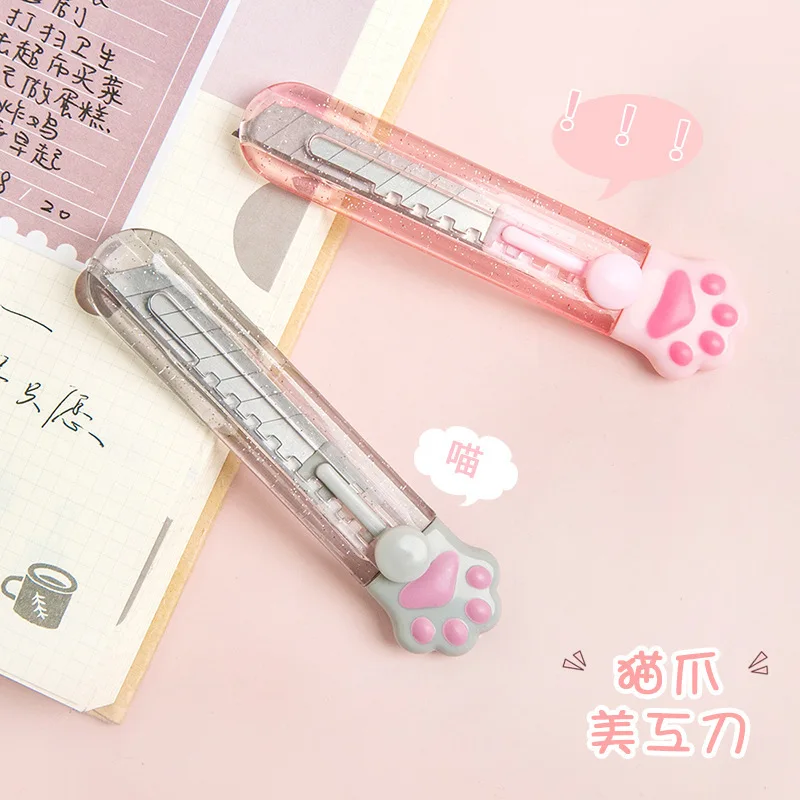 

Cute Transparent glitter Art Utility Knife Cartoon Cat Paw Shape Cutter Express Box Paper Envelope Opener Blade Stationery