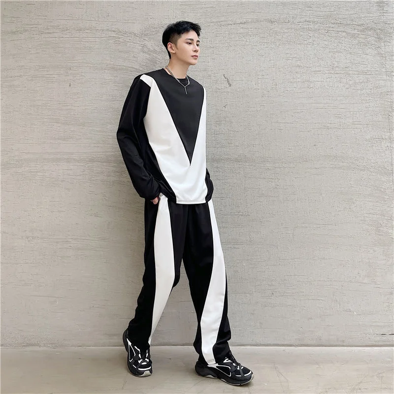 

And Tops Pants Are Sold Separately 2022 Autumn Loose Black White Contrast Color Split Ong Sleeve Tops + Sports Casual Pants