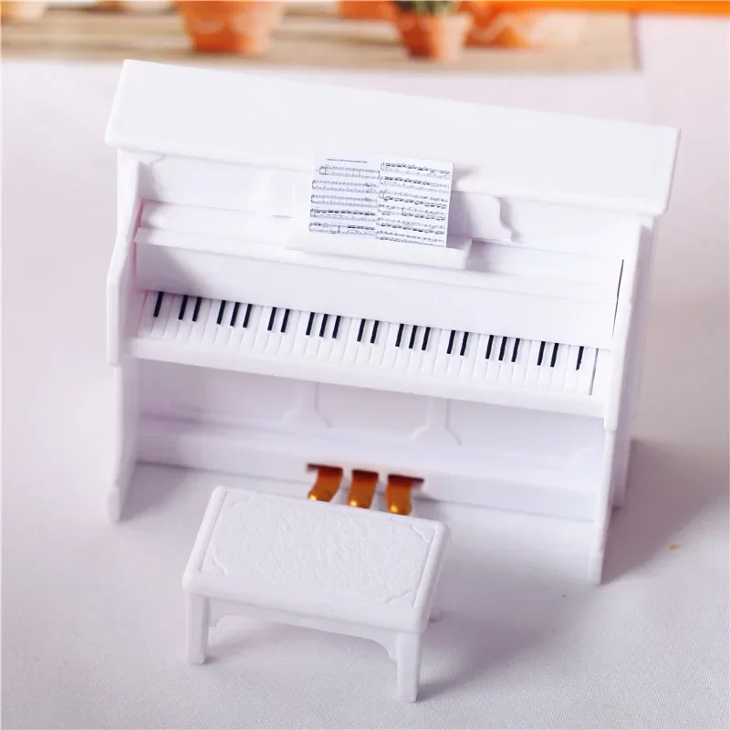 Miniature Piano Set 1/12 Dollhouse Mini Musical Piano with Stool Score Instrument Model for Kids Gift Home Decoration