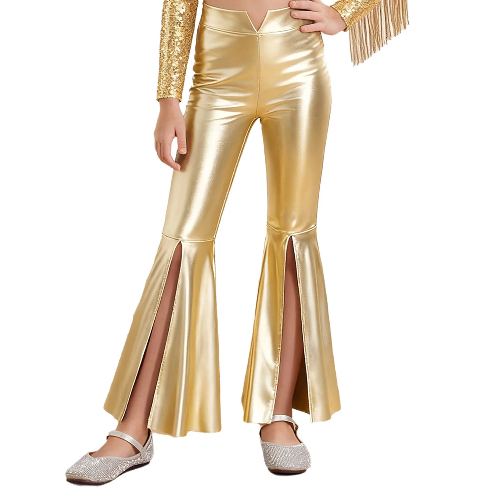 Metallic 70S Disco Vintage Hippie Costume Outfits for Kids Girl One Sleeve Sequins Crop Top and Bell Bottom Pants Jazz Dancewear
