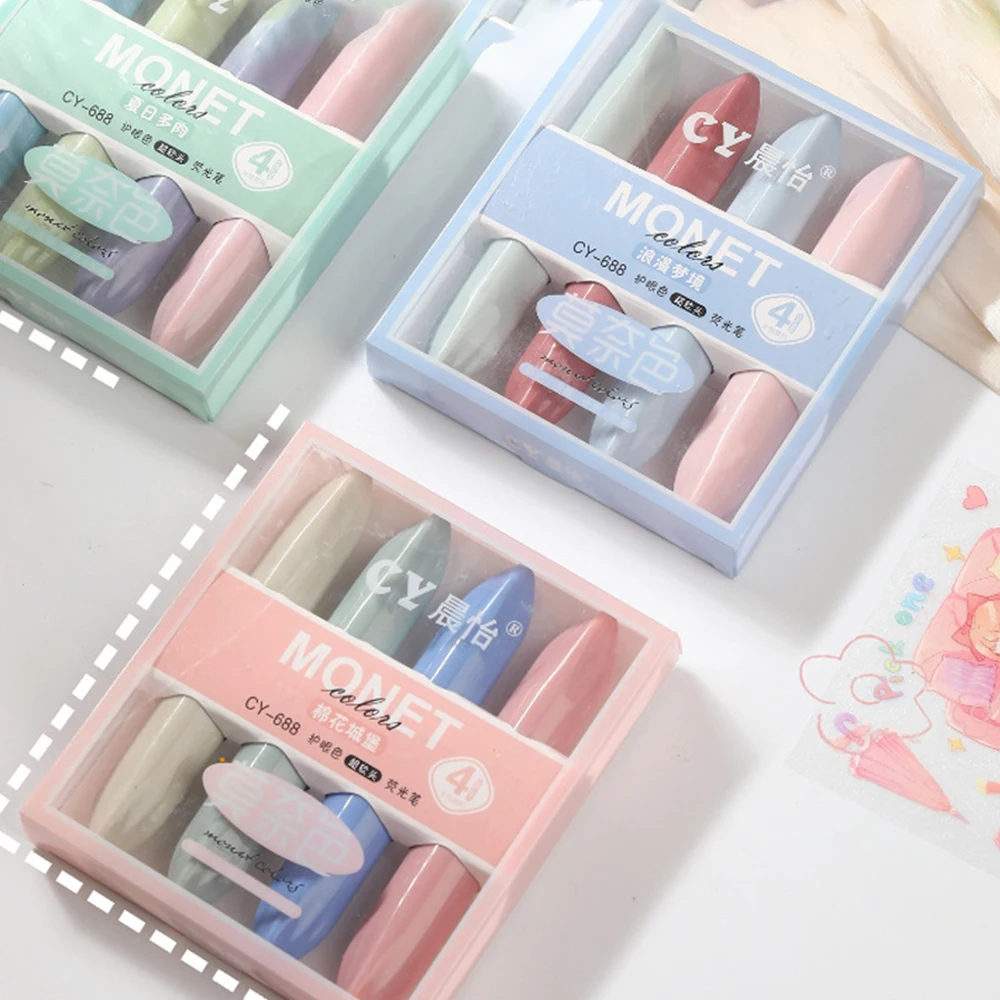 4pcs Monet Colors Highlighter Marker Pens Lipstick Design Soft Brush Tip for Drawing Painting Office School Supplies