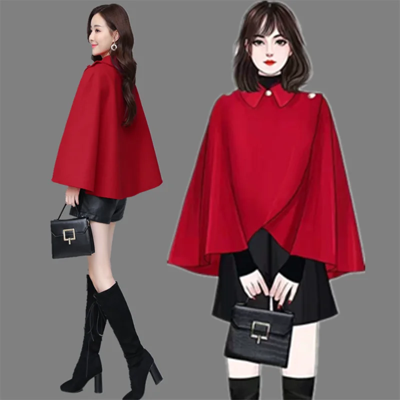 

Women's 2023 New Short Woolen Coat Poncho Cape Jacket Cloak Casual Sleeveless Outerwear Female Pullover Lapel Short Jackets Q370