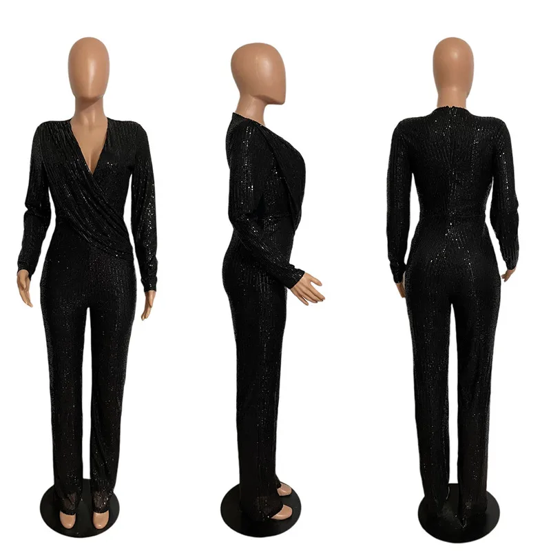 Tuta Elegante Con Paillettes E Gamba Larga – Scollo A V, Maniche Lunghe, Perfetta Per Feste, Discoteca E Serate Speciali