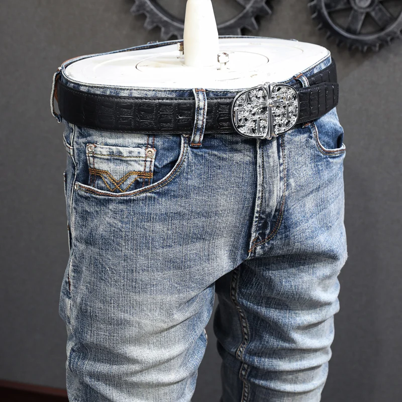 Italian Style Fashion Men Jeans High Quality Retro Blue Elastic Slim Fit Ripped Jeans Men Vintage Designer Denim Pants Hombre