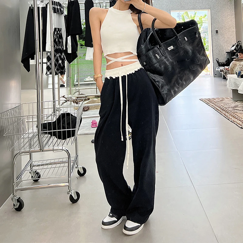 

Summer Black Thin Section High Waist Loose Mopping Pants Drape Casual Sunscreen Drawstring Elastic Waist Women's Wide Leg Pants
