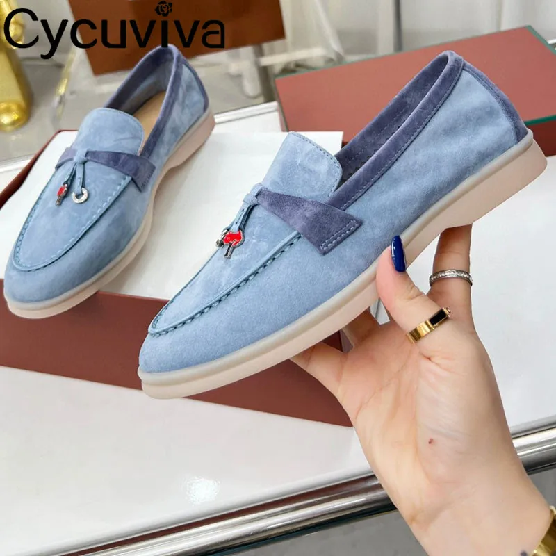 

Kid Suede Color Matching Flat Loafers Shoes Women Metal Lock Khaki Mules Ladies Slip On Casual Summer Walk Shoes For Women