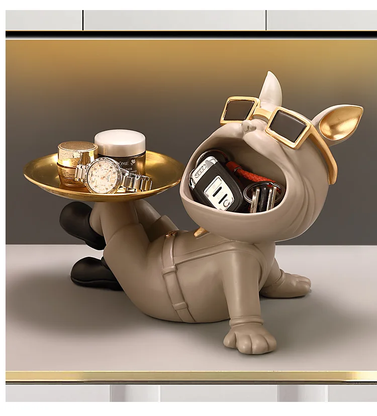 Bulldog Resin Figurine Ornament, Big Mouth Dog with Storage Tray, Candy, Key Storage Container Ornament, Tabletop Figurine