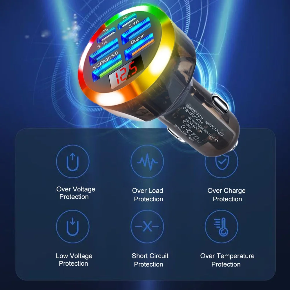 High-Power Multi-Port Car Charger with Digital Display - Super Fast 200W Charging
