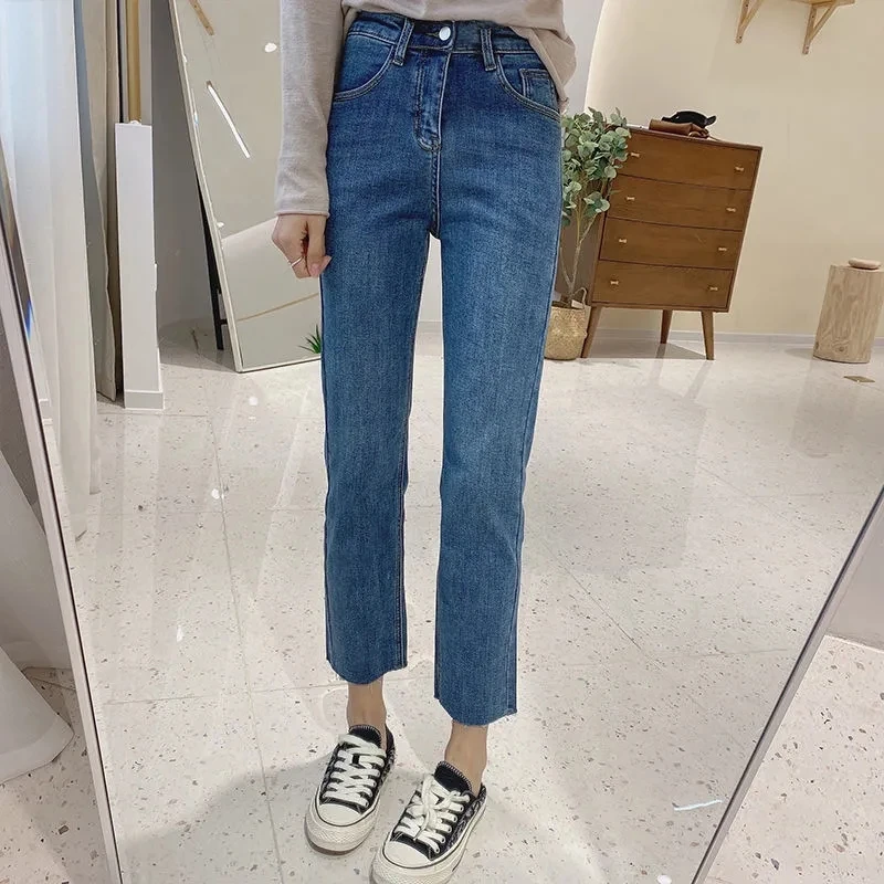 

High Waist Straight Jeans Nine Points Women Stretch Slim Fashion And Elegance Pants Woman Clothing Denim Trousers Korean Fashion