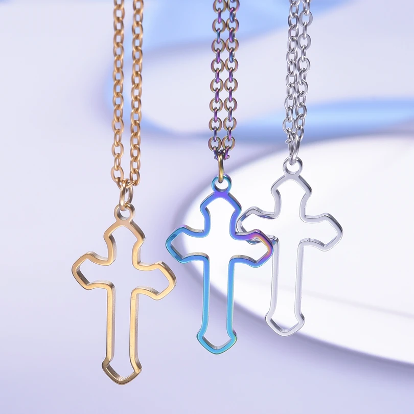 

Vintage Cross Pendant Necklace Hollow Aesthetics Chain Neck Stainless Steel Necklaces For Women/Men Accessories Couple Jewelry