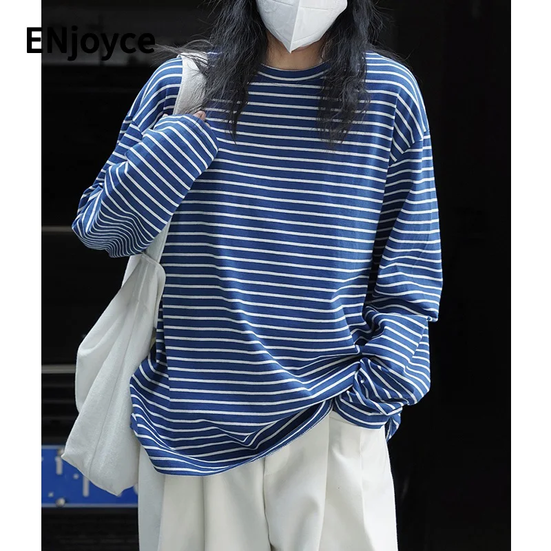 

2023 Spring Women Vintage Blue Striped Round Neck Full Cotton T-Shirts Female Casual Loose Long Sleeve Tee Pullovers Tshirt
