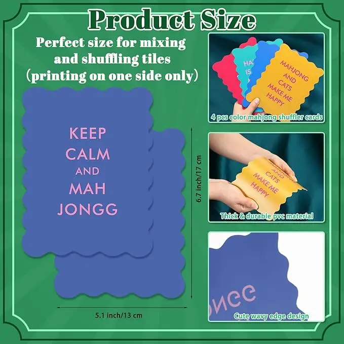 생동감 넘치는 재미있는 문구가 있는 미국 마작 셔플러 카드 4종 세트 PVC 소재 마작 타일 셔플러 카드 (스캘럽드 엣지)