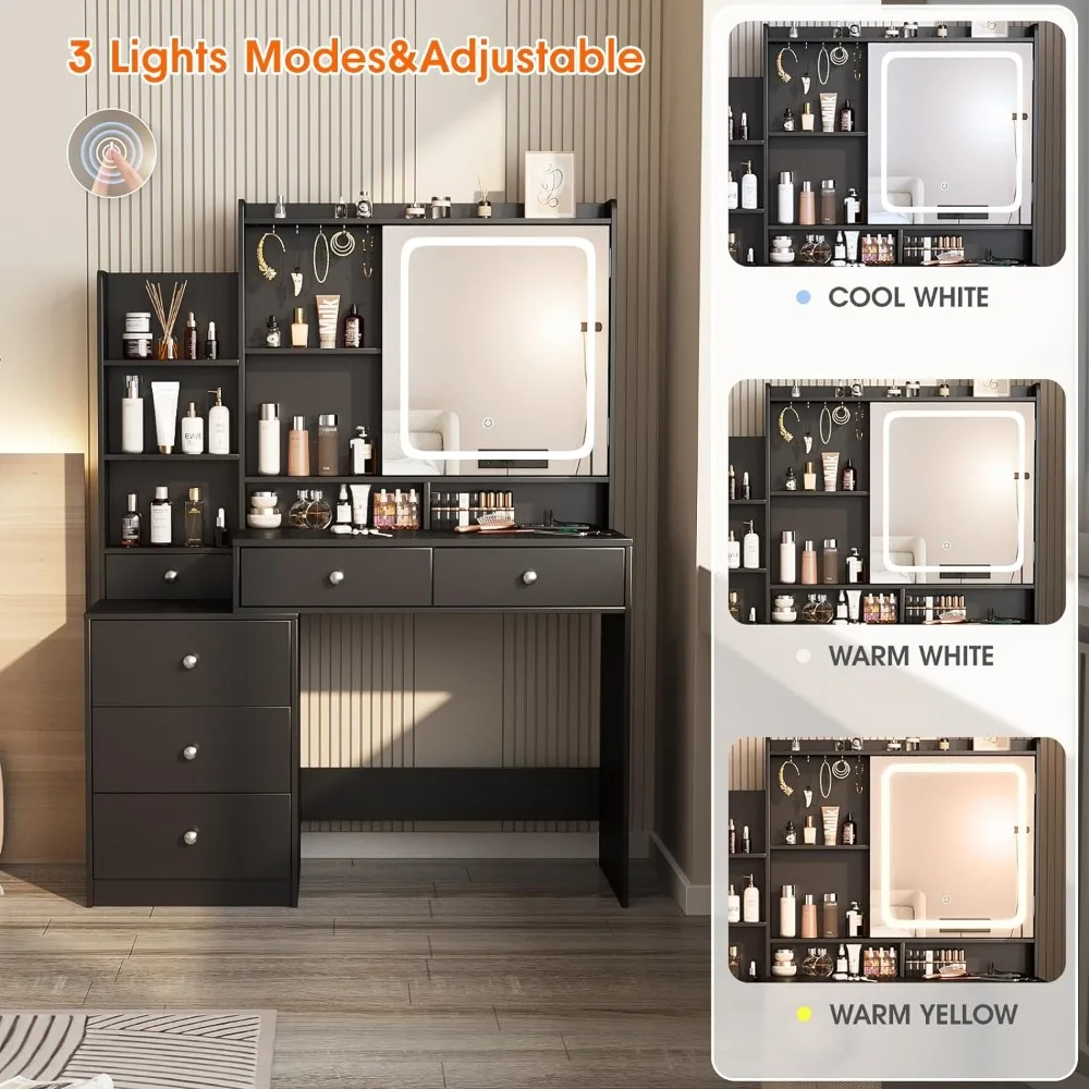 Vanity Desk with Mirror and Lights,Makeup Vanity with 6 Drawers and Shelves,Vanity Table Power Outlet,Makeup Desk
