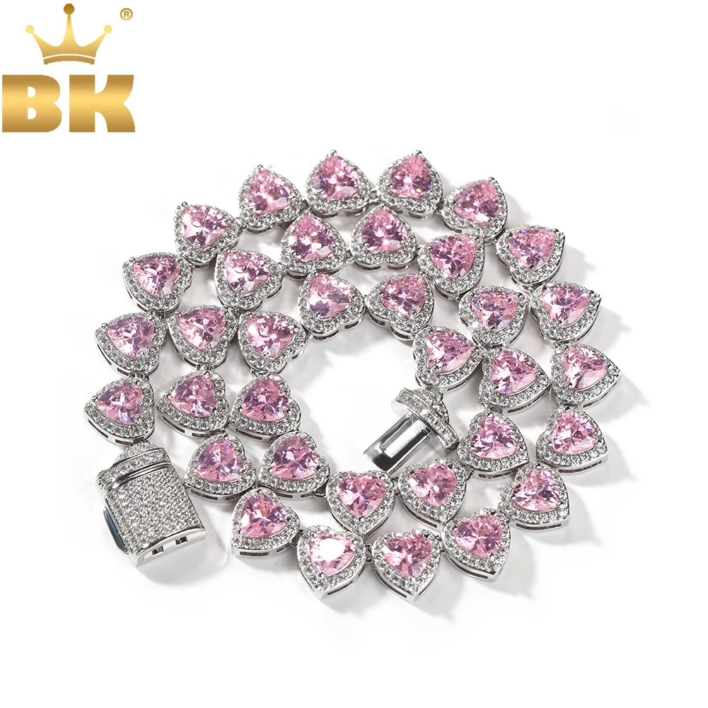 

TBTK 10mm Heart Baguettecz Necklace Iced Out Green Pink Heart Cubic Zirconia Link Chain Necklace Hiphop Jewelry