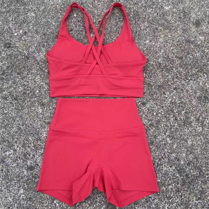 Women's 2-Piece Yoga and Fitness Outfit - Cross Straps Bra & High Waist Shorts