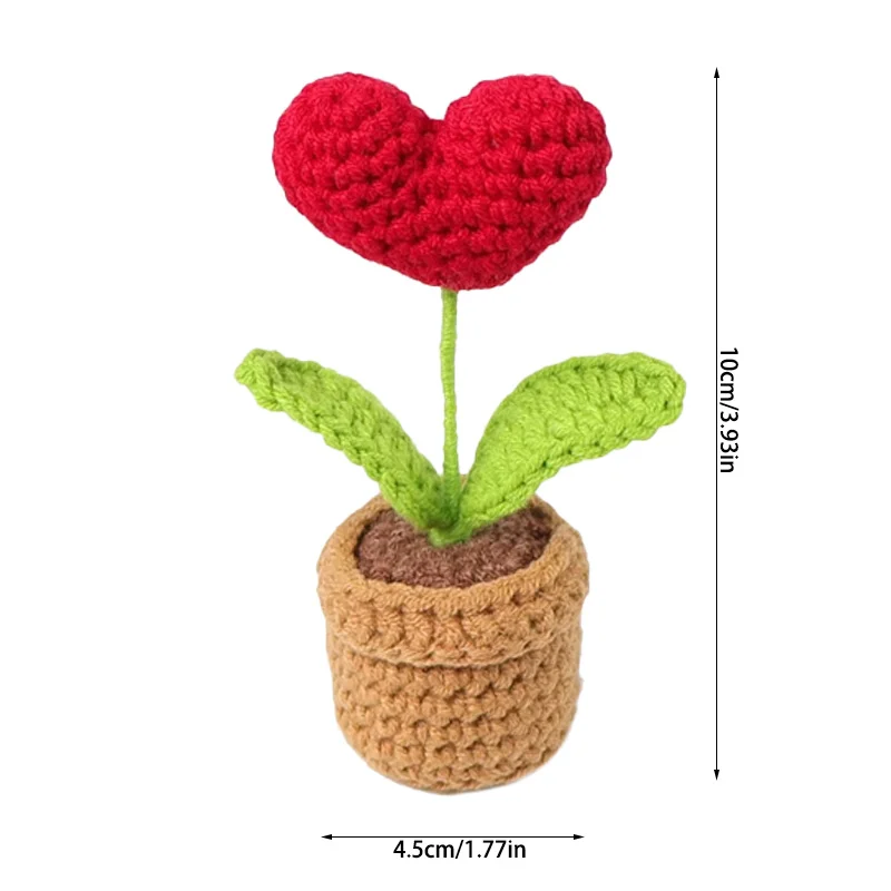 Handmade Knitted Flower Pot Red Heart Shaped Fake Potted Plant Christmas Valentine's Day Mothers Day Gift Home Table Decoration