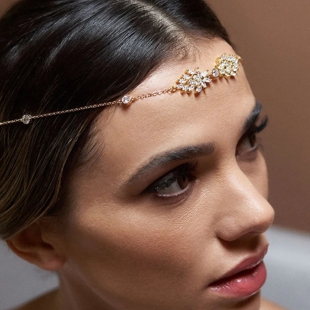 Hair Accessory Jewelry Accessories Hair Headdress Bridal Headwear Fashion Leaf Zircon Forehead Chain Headpiece Wedding Accessories Bridal Hairband Simple Boho Head Chain Indian Jewelry Gift