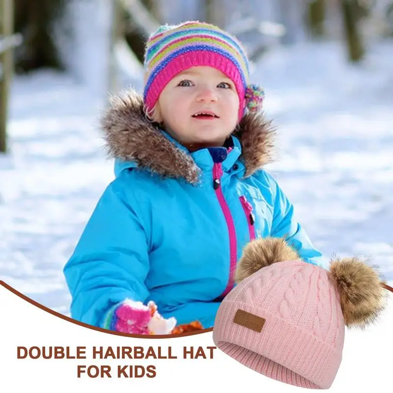 Kids Double Pompom Hat Knitted Ski Beanie Hat Comfortable Warm Stretchy Kids Beanie Hats For Boys Girls Toddler Baby School