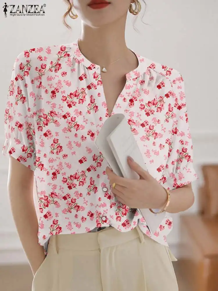

ZANZEA Casual Holiday Blosue Loose Floral Print Tops V-neck Fashion Chemise 2023 Summer Women Short Sleeve Korean Style Shirts