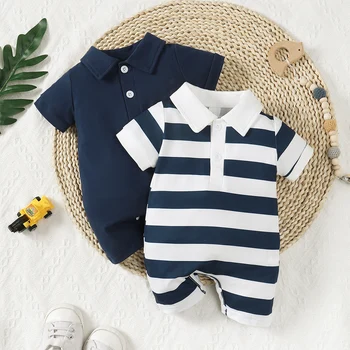Summer Baby Boy 2pcs Cute Casual Solid Color And Striped Collared Short Sleeve Romper With Button Closure 1