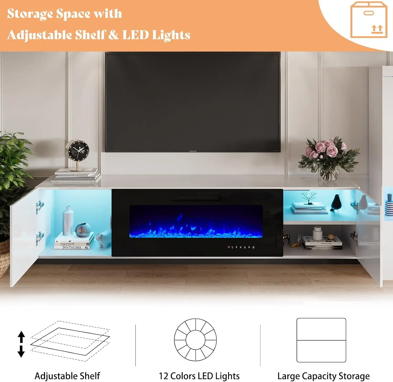 Floating Fireplace TV Stand Wall Mounted 40 "electric Fireplace Modern LED Lights Media Console Can Play 90" TV White 5
