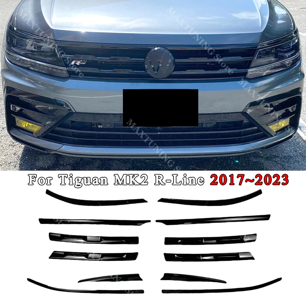 VW Tiguan MK2 R-Line Front Bumper Headlight Eyebrows Center Grille Fog Light Black Moulding Strips Stickers Trim