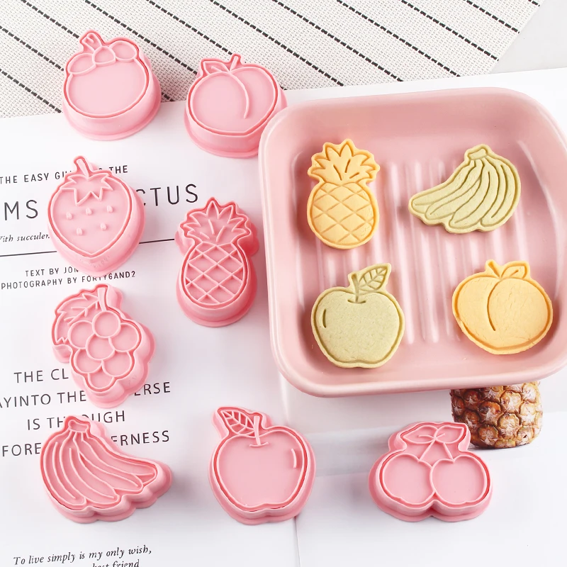 8Pcs/Set 3D Banana Peach Pressable Biscuit Mold Plastic Fondant Stamp Kitchen DIY Baking Tools Cartoon Apple Fruit Cookie Cutter