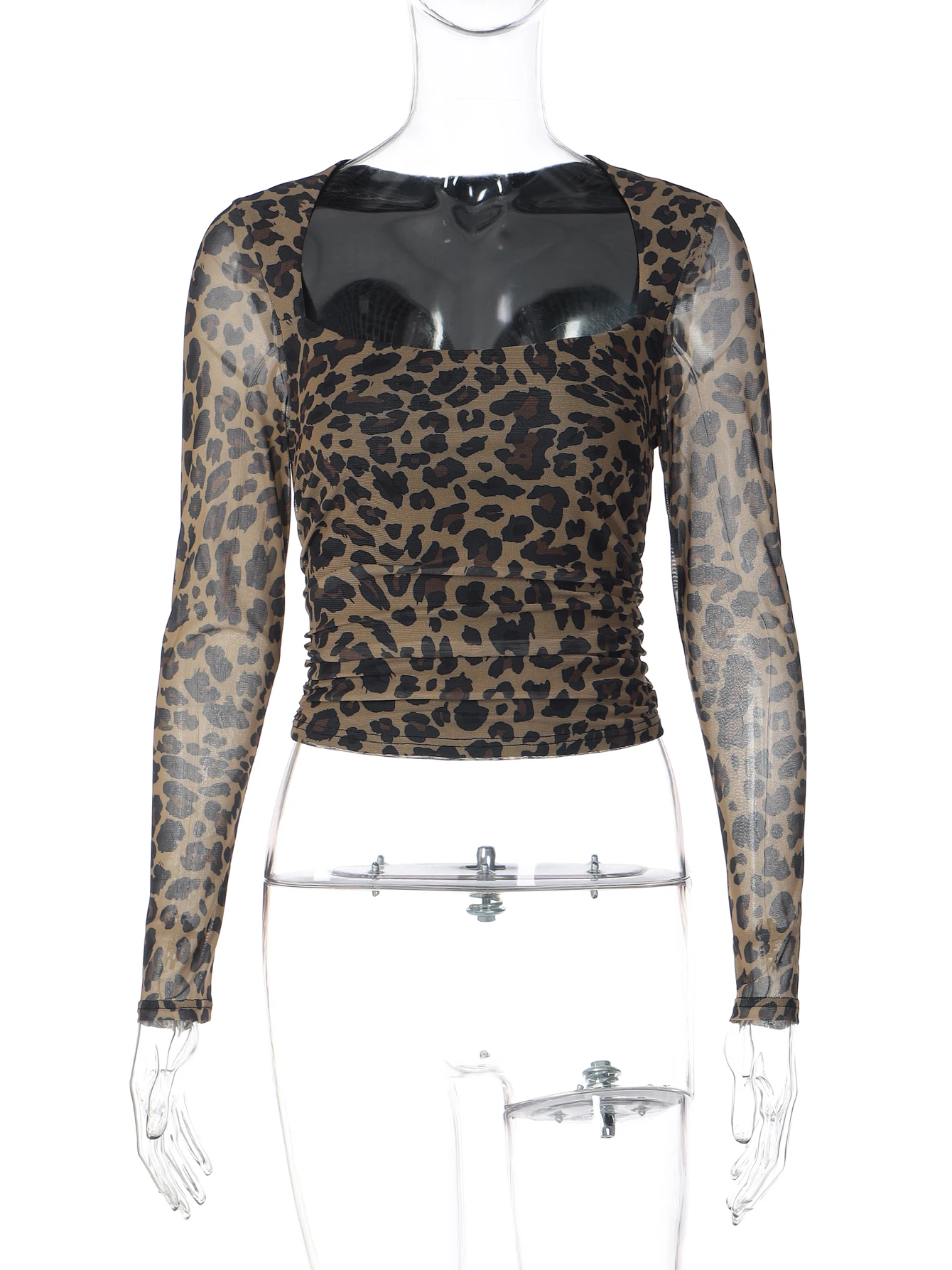 Hugcitar Fashion Leopard Print Square Collar Long Sleeve Sexy Slim Crop T-Shirt Top Spring Autumn Women Clothes Vacation Party 6