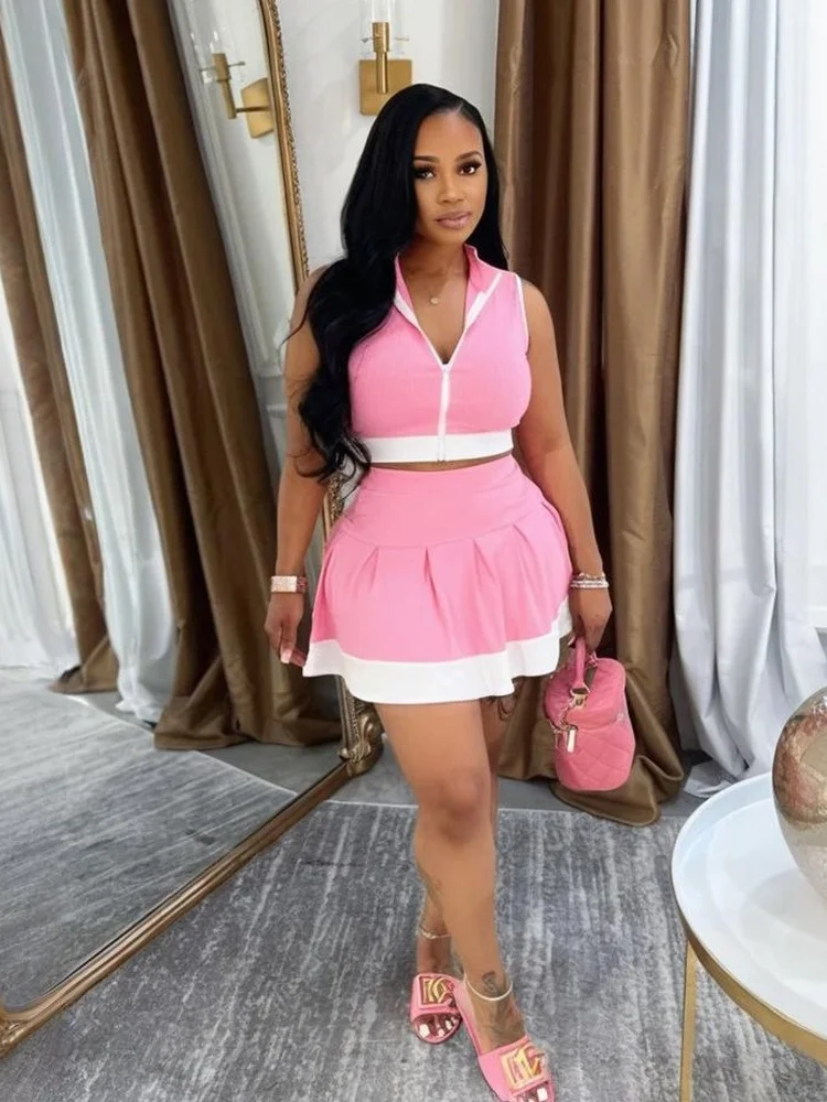 Wmstar Two Piece Sets Women  Sleeveless Zip Up Top with Short Skirt Set Patchwork Color Matching Suit New in Summer 2025