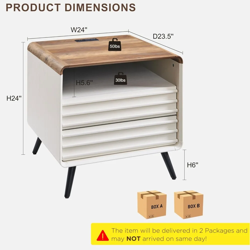 24" Nightstand Set of 2 with Charger Station, Mid Century Modern Fluted End Table with 2 Drawers，Wooden Side Table with Open