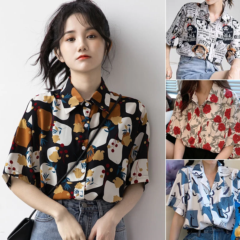 Women's Beach Shirt Chic Casual Short Sleeve T-Shirts For Girls Cute Clothes One Piece Anime Pattern Summer Top Korean Fashion