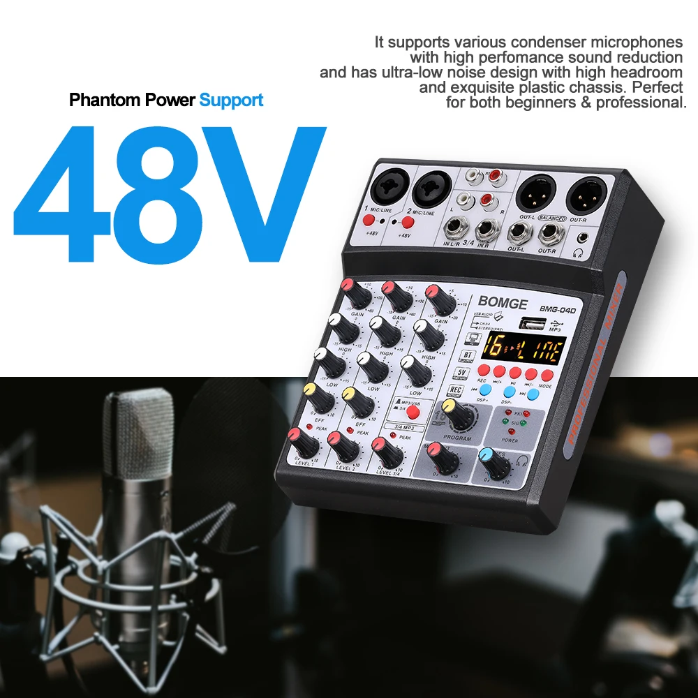 Audio Mixer 4 Channels Audio Sound Mixer Mixing DJ Console USB 48V Phantom Power 16 DSP Effects