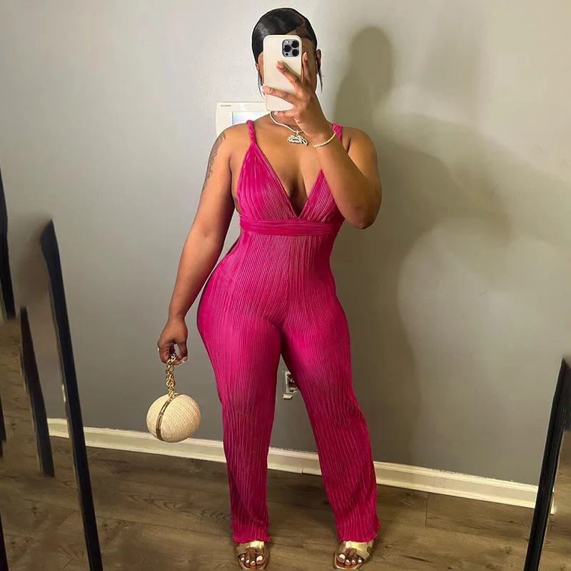 Sexy Backless V Neck Jumpsuit Women Solid Pleated One Piece Outfit 2023 Summer Fashion Bodycon Pant Female Elegant Jumpsuit