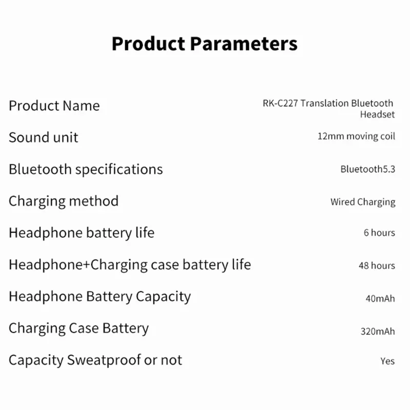 RK-C227 Language Translation Headphones Translate 32 Languages, Support Recording to Text Conversion, Waterproof Meeting Records