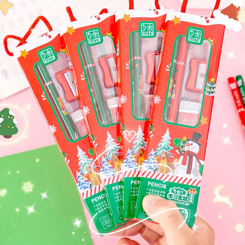 

50Sets Christmas Stationery Set Pencil Eraser sharpener Set Stationery Gift Children Christmas Gift