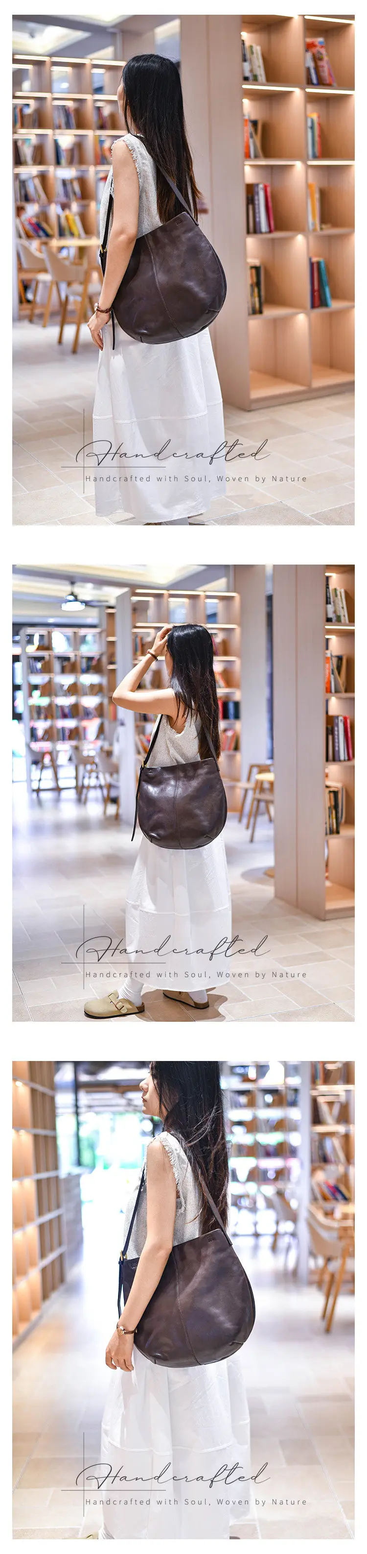 Einfache Vintage-Handtasche aus hochwertigem Echtleder für Damen, Unterarmtasche für Outdoor-Reisen, handgefertigte Schultertasche aus echtem Rindsleder – Detail 6