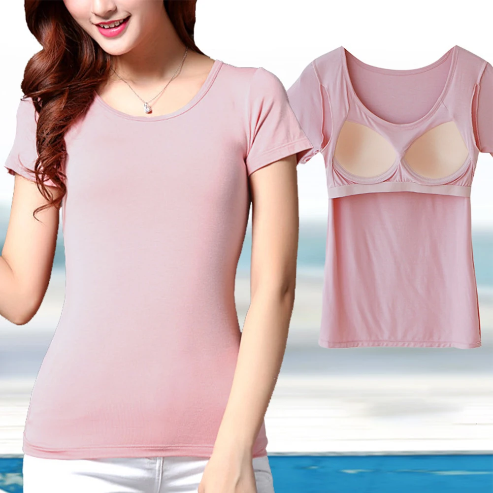 

Casual Top Women With Built In Bra T-shirt Ladies Push Up Padded Layer Short Sleeve Solid Color Basic T Shirts Female Clothing