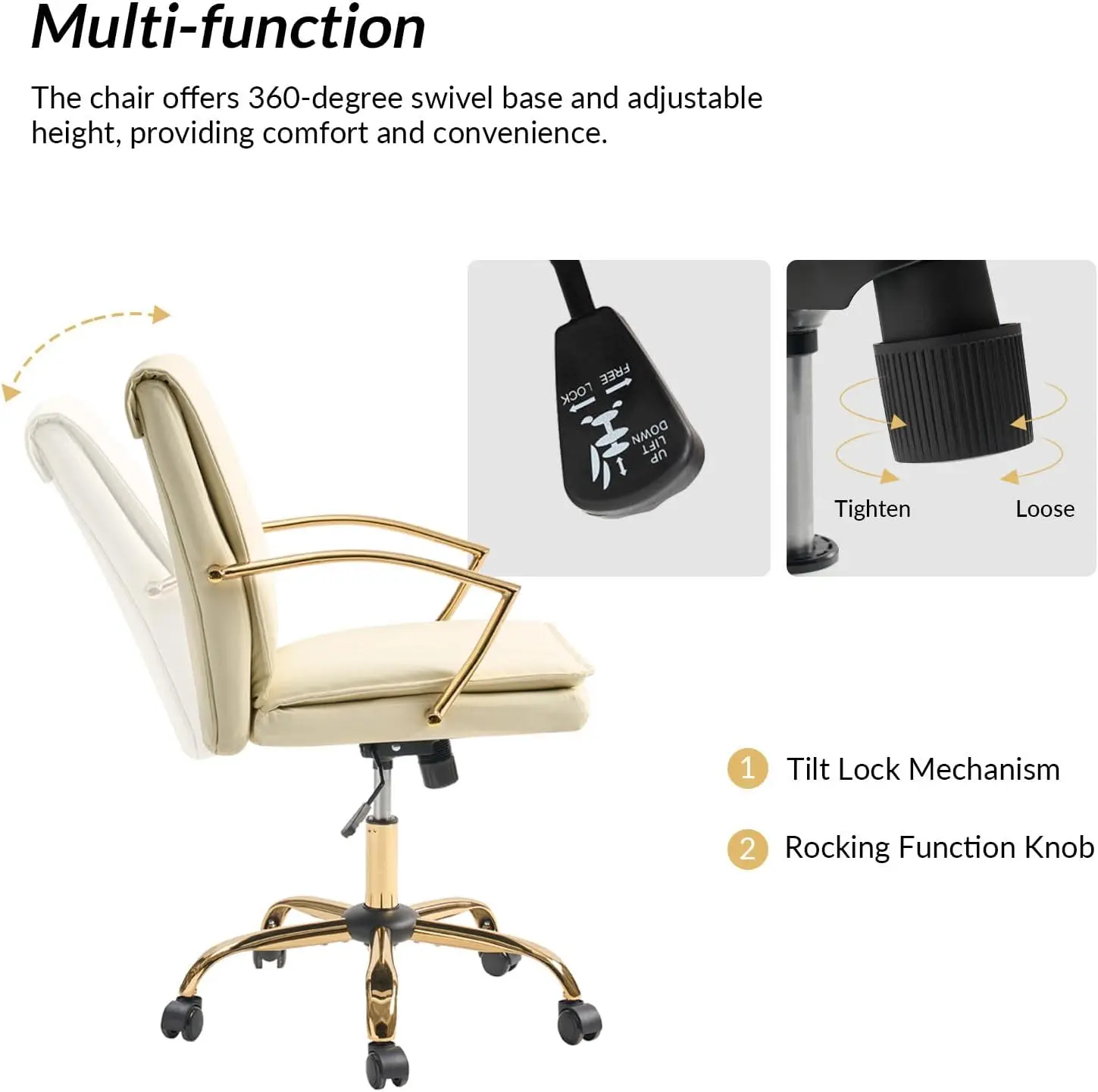 Hulala Home Faux Leather Office Chair, Modern Adjustable Swivel Rocking Rolling Wheels Computer Desk Chair With Gold Legs And 3