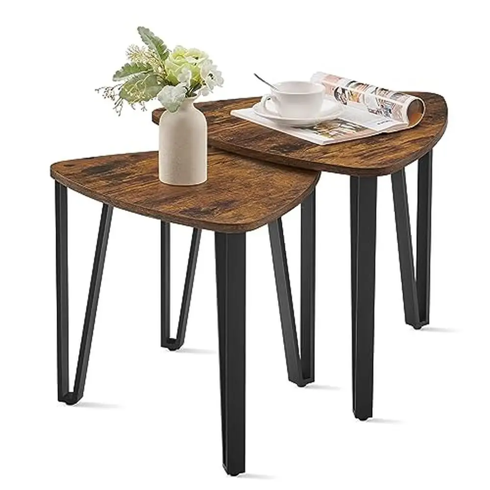 

Small Industrial Nesting Side Tables Set of 2 Metal Frame Rustic Living Room Bedroom Stacking End Tables Triangle Coffee Tables