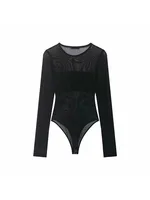 Women Sexy Mesh See Through Bodysuit Women Long Sleeve Sheer Bodysuits O Neck Bodycon Jumpsuit Female Romper - Image 3